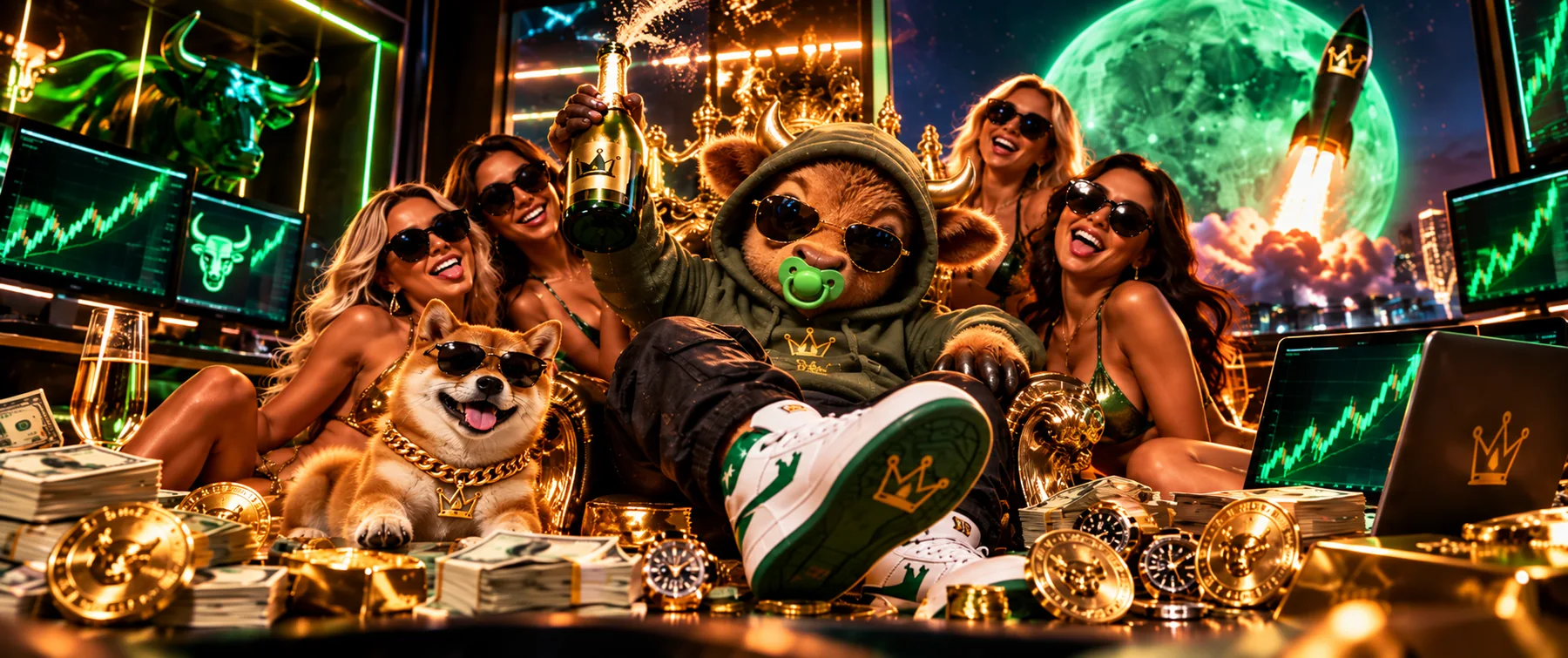 Baby Bull and Shiba Inu in a neon degen market scene