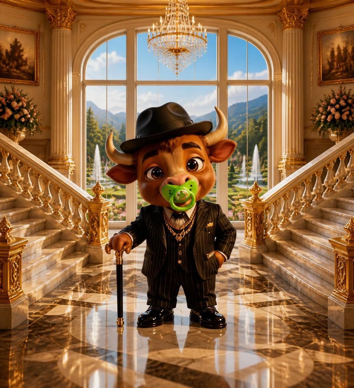 Baby Bull, your host — a brown bull calf in a pinstripe suit, fedora, gold chain and green soother, holding a cane