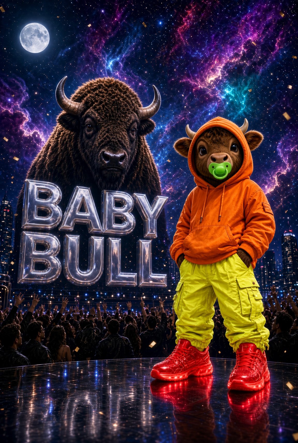 BABY BULL chrome-letter banner — Daily Drops launch art
